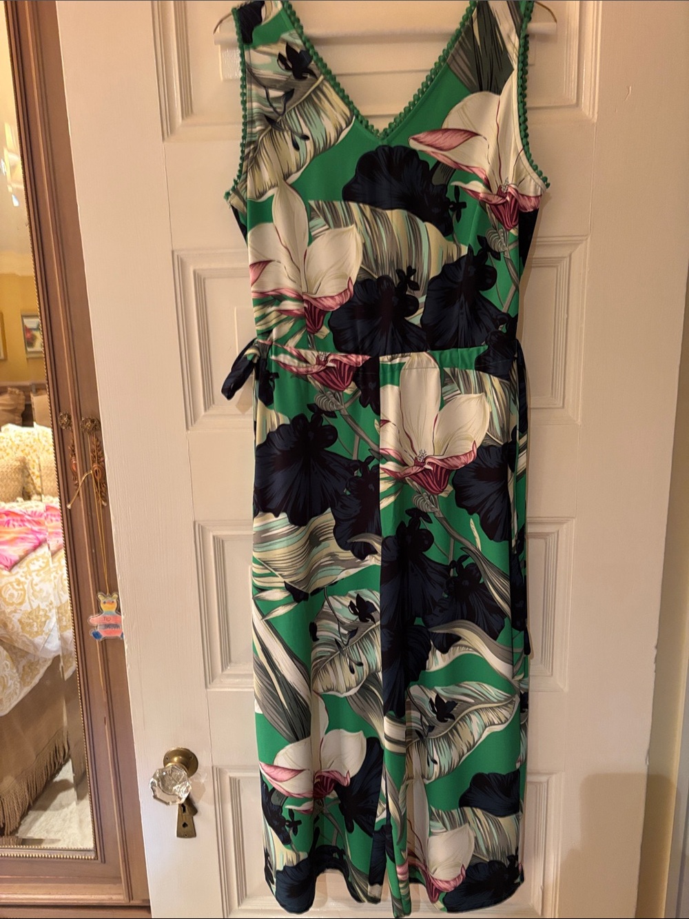 Carolina Belle Green Floral V-Neck Wide-Leg Jumpsuit with Black & Cream Accents